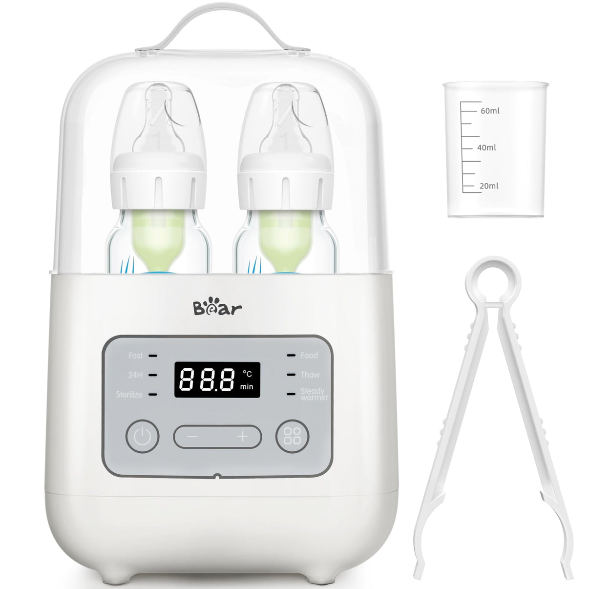 Bear Double Bottle Warmer set with accessories including a measuring cup and tongs for hygienic feeding.