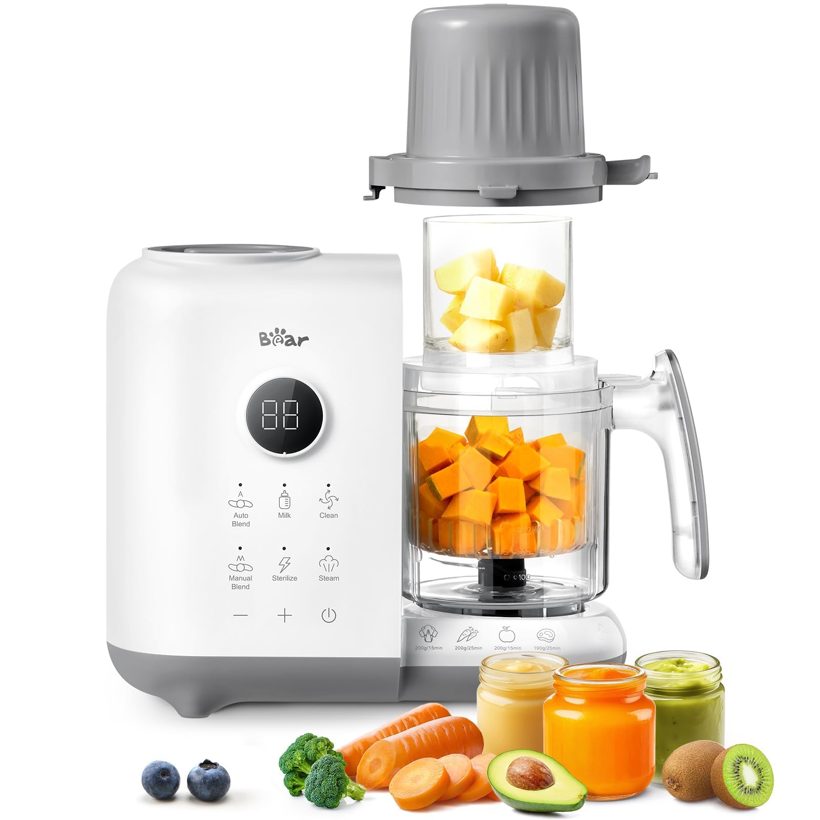 Bear OneStep Baby Food Processor showing dual-layer steaming and jars of fresh fruit and vegetable purees.