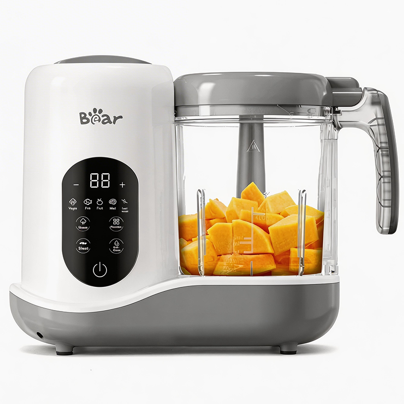 Bear 2024 Smart Touch-Screen One-Step Baby Food Maker with diced pumpkin in the blending cup.