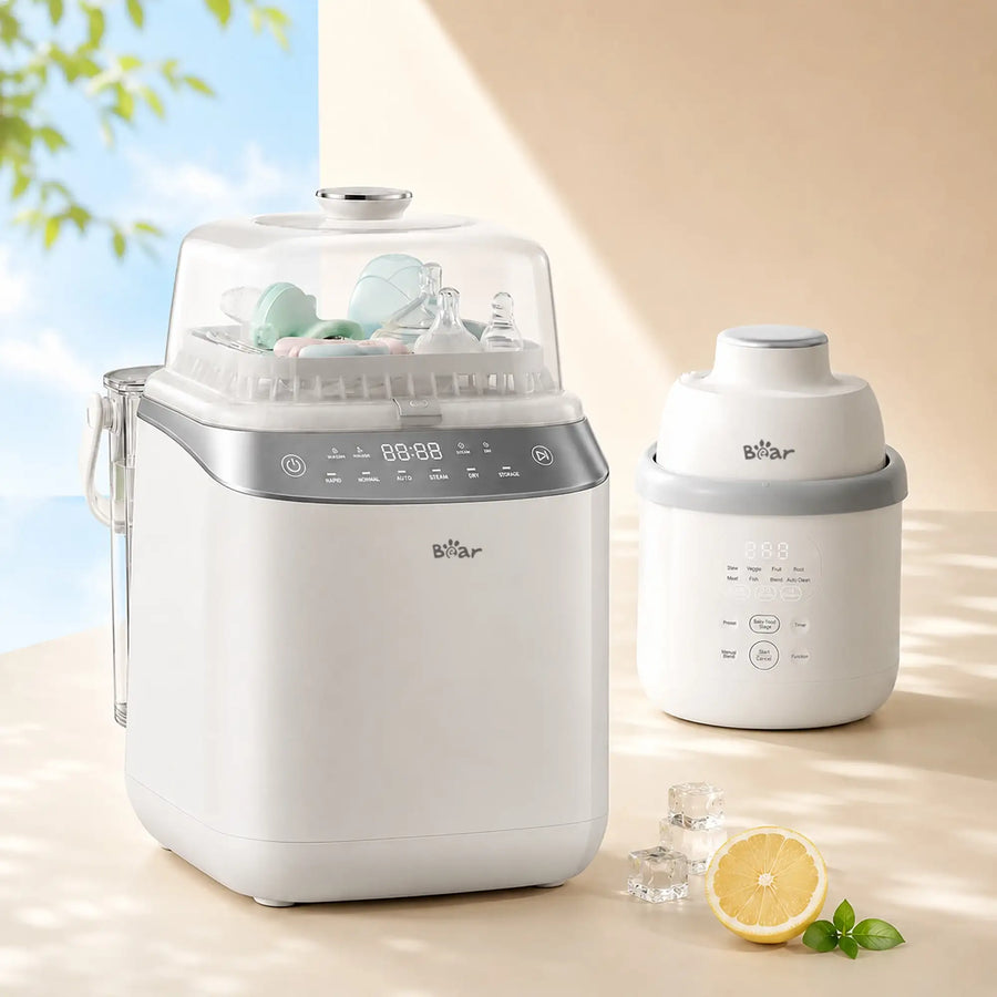 Paquete Lavadora de biberones Bear Pro y fabricante de comida para bebés Bear NutriEase de acero inoxidable
