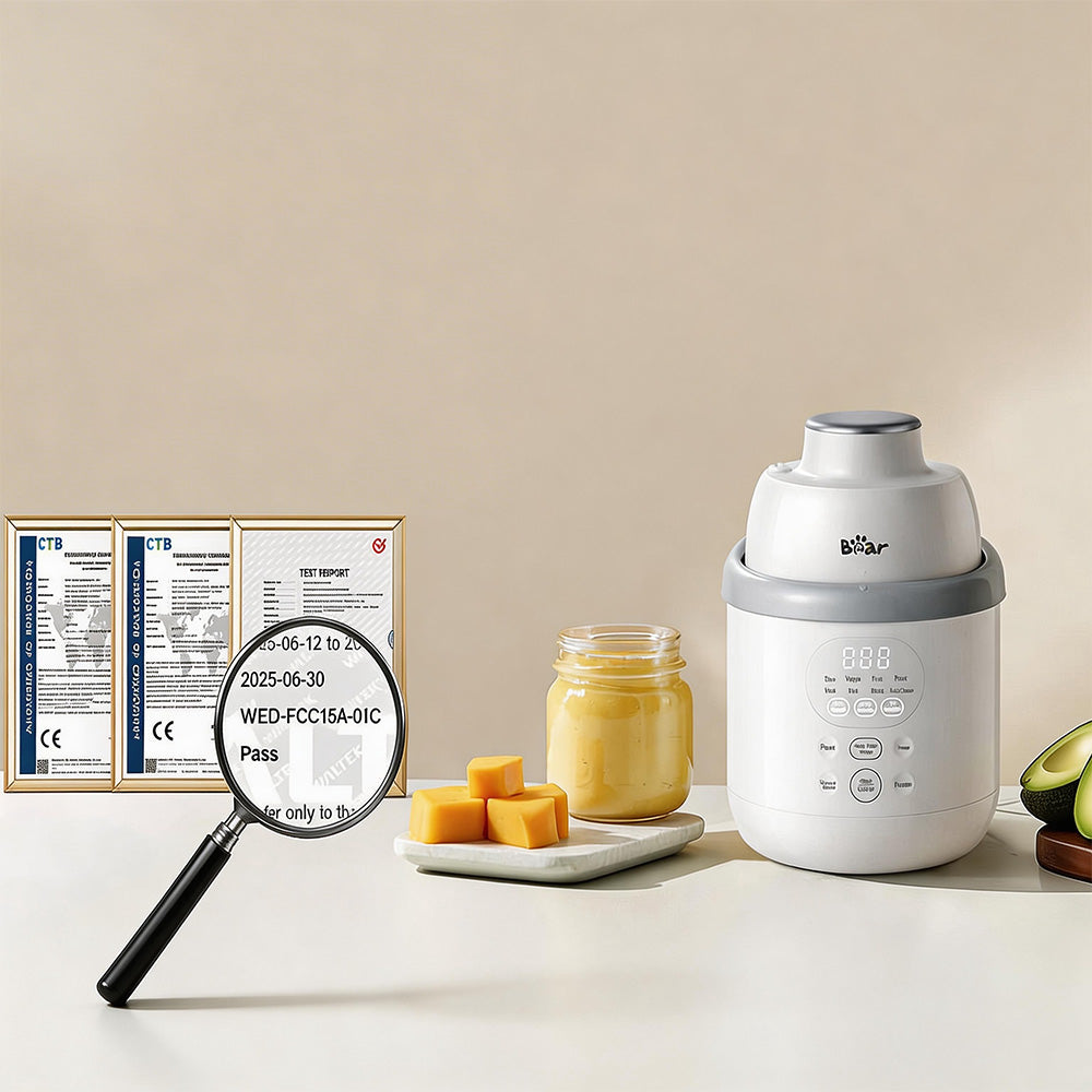 Bear NutriEase Baby Food Maker next to CE and FCC safety certifications and a jar of homemade baby food.