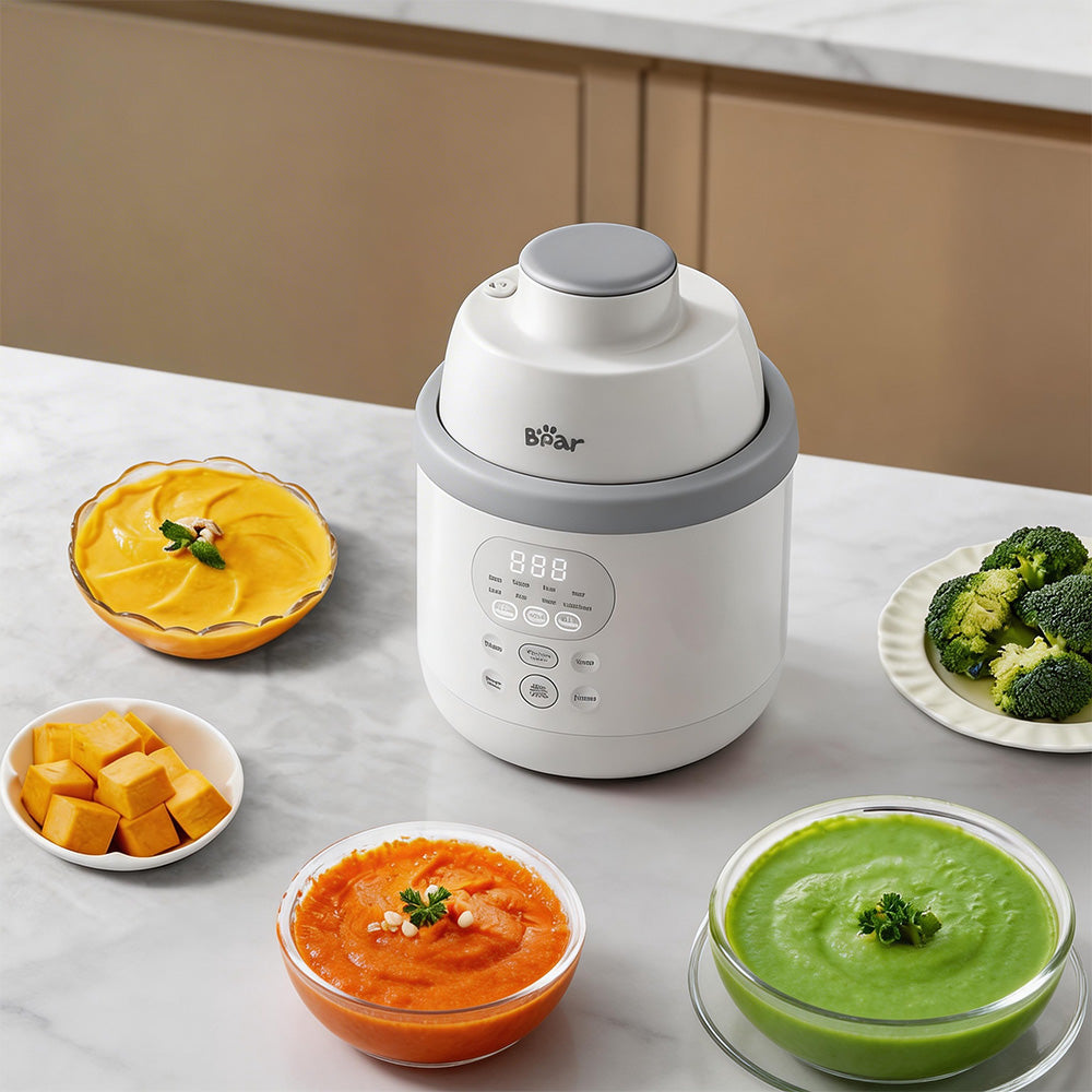 Bear NutriEase Baby Food Maker on a counter with bowls of fresh pumpkin, broccoli, and sweet potato purees.