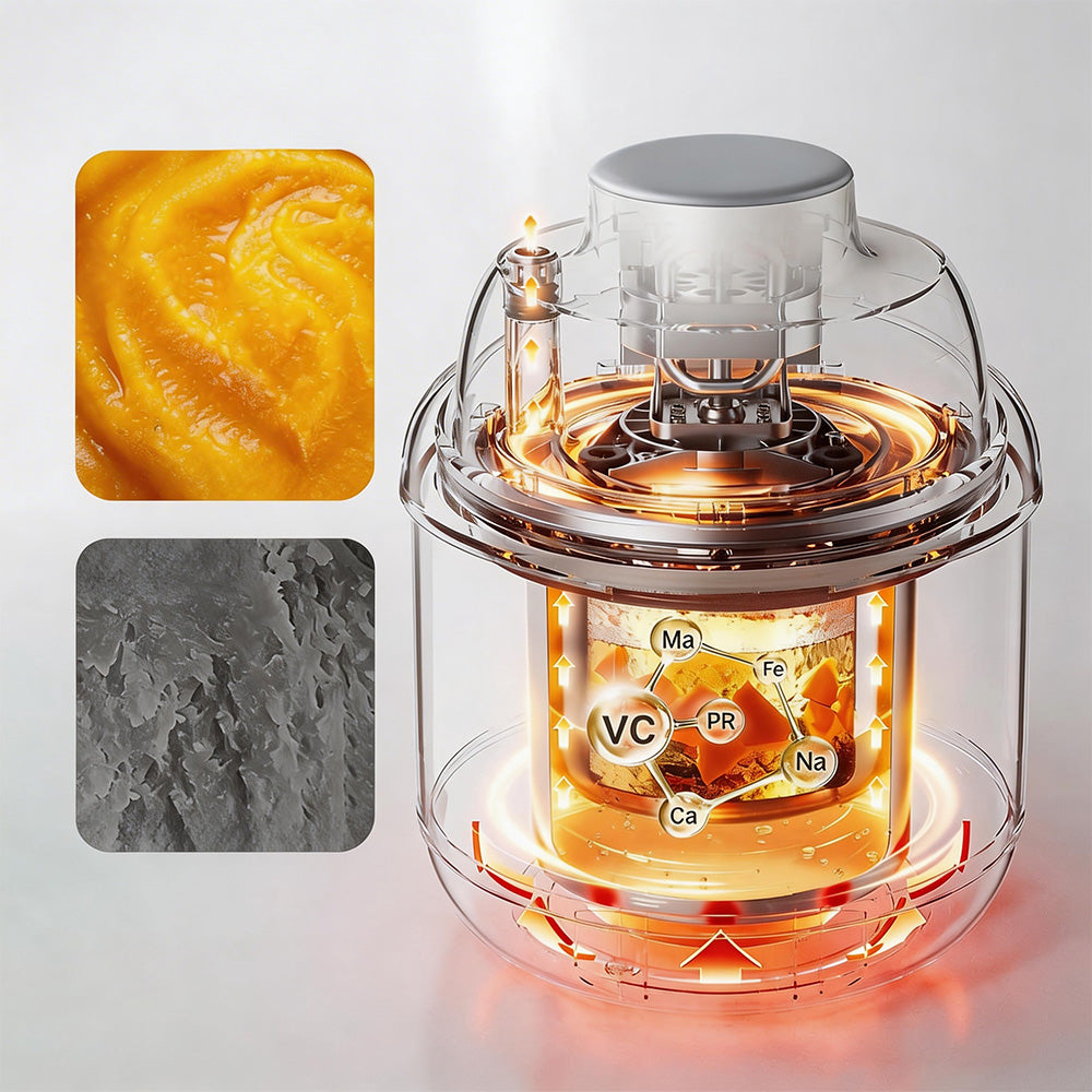 Diagram of Bear NutriEase Baby Food Maker's Gentle Stew technology locking in essential vitamins and minerals.