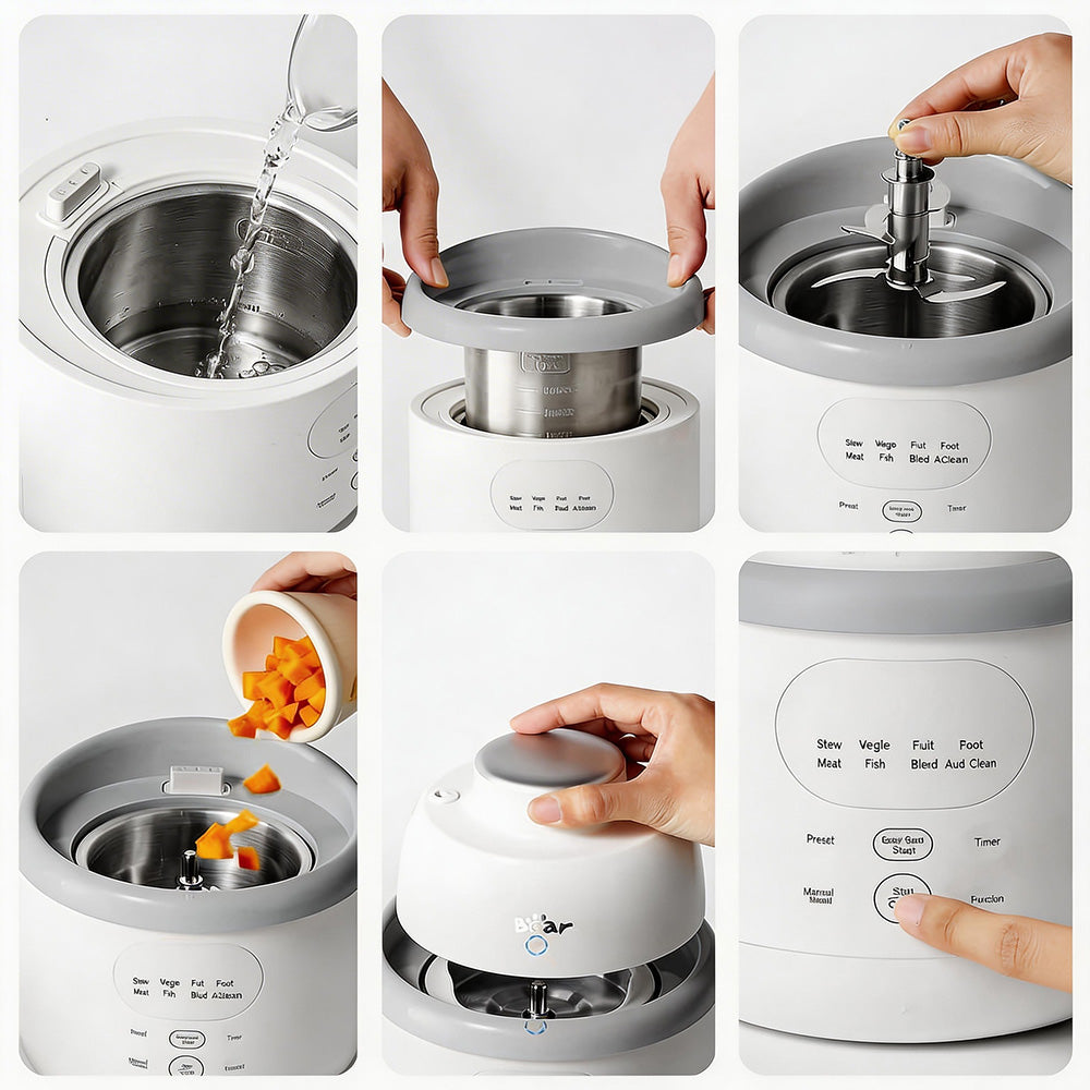 Demonstration of Bear NutriEase Baby Food Maker from assembly and adding ingredients to smart one-touch operation.