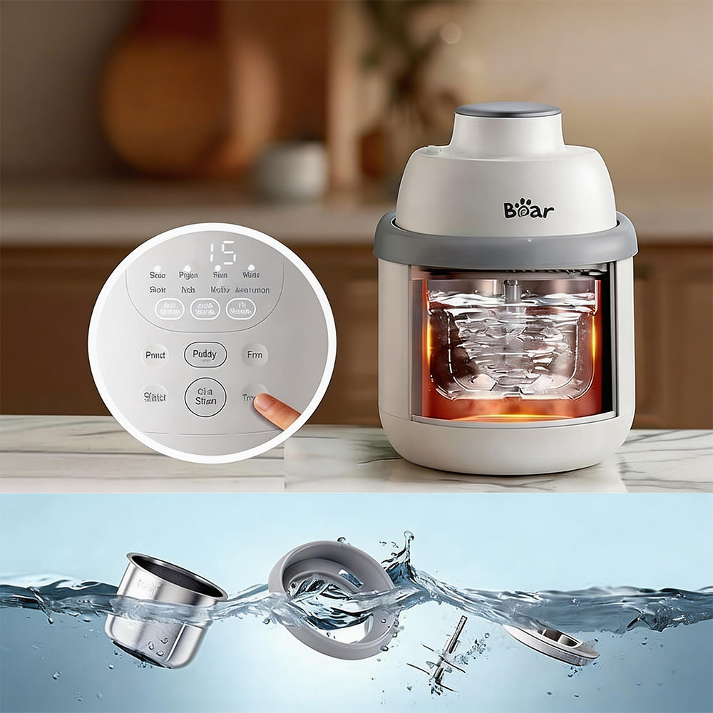 Bear NutriEase Baby Food Maker parts like the 316L stainless steel bowl and blades being cleaned in water.