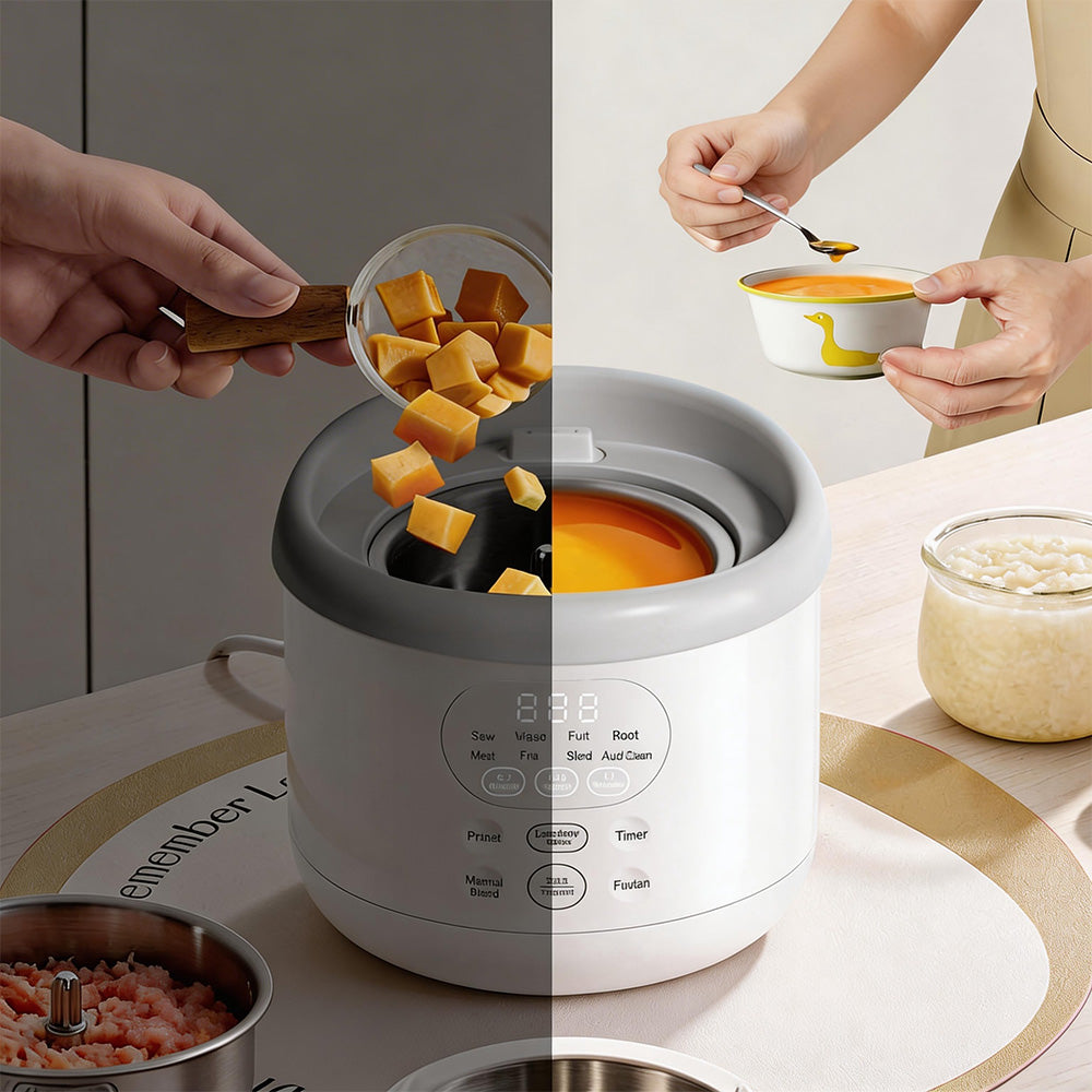 Bear NutriEase Baby Food Maker turning fresh pumpkin pieces into smooth puree for healthy baby meals.