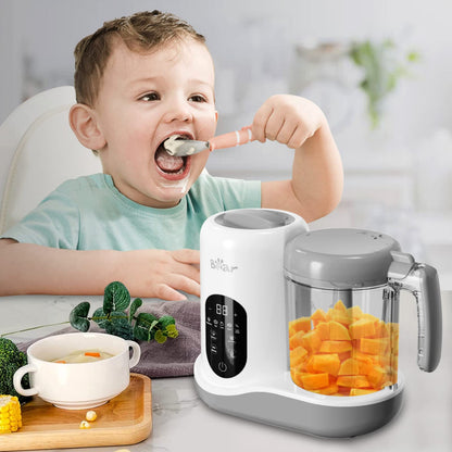 Happy toddler eating fresh puree next to the Bear 2024 Smart Touch-Screen One-Step Baby Food Maker.