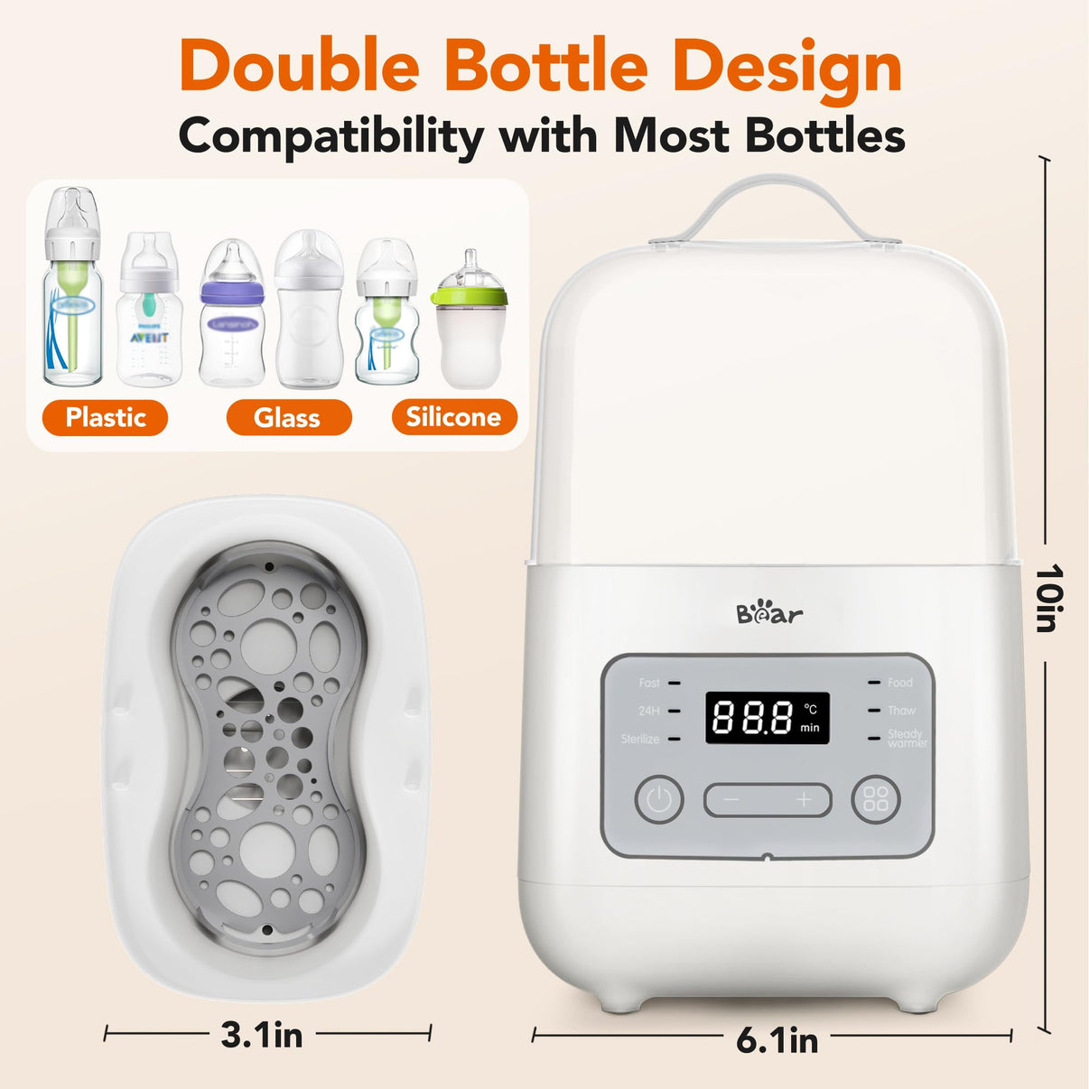 Compatibility guide for Bear Double Bottle Warmer showing fit for plastic, glass, and silicone baby bottles.
