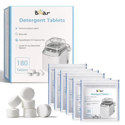 Gemini said
Six pouches and a 180-count box of Bear Detergent Tablets for baby bottle washers displayed with loose white tablets.