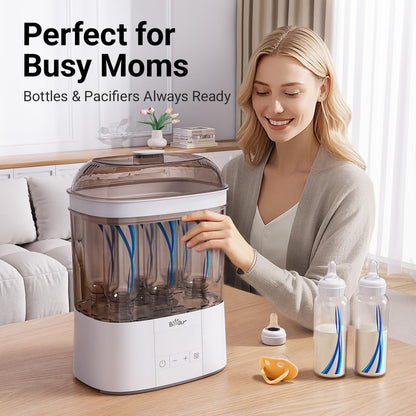 Bear 2-Tier Steam Sterilizer and Dryer on a table next to a smiling woman and two prepared baby bottles.