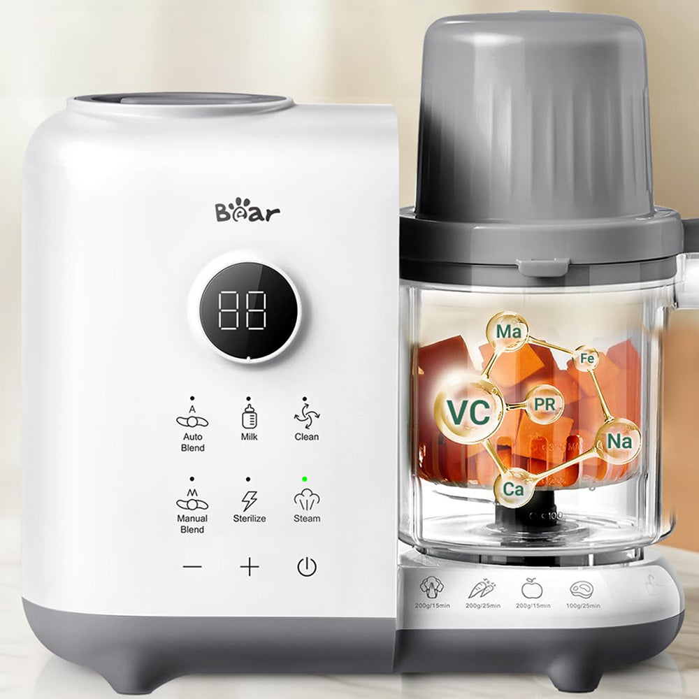 Infographic of Bear OneStep Baby Food Processor showing 100% nutrient retention of vitamins and minerals.