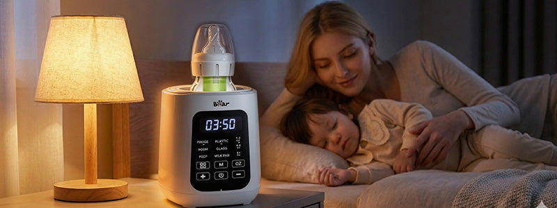 Mother with sleeping baby beside a Bear Baby Bottle Warmer on a bedroom nightstand at night.