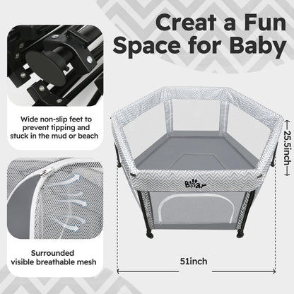 Bear Foldable Baby Playpen with UPF50+ Canopy