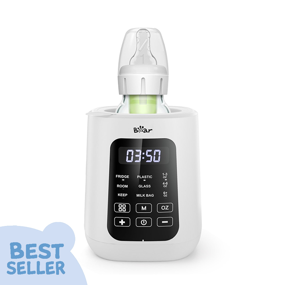 Bear Baby Bottle Warmer with a large smart touch-screen display warming a glass bottle for precise temperature control.