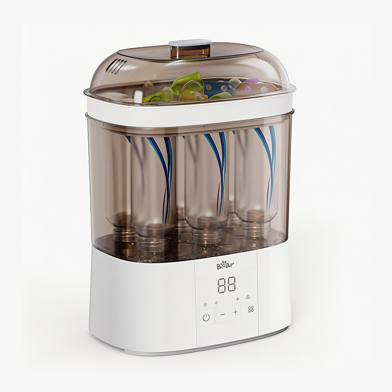 Bear 2 Layers Bottle Sterilizer and Dryer with a transparent lid holding baby bottles and pacifiers for sanitizing.