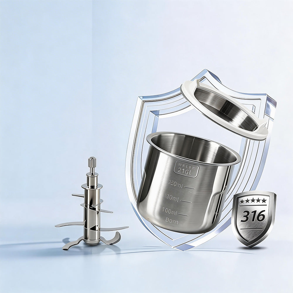 316L stainless steel bowl and blade of the Bear NutriEase Baby Food Maker highlighting food-grade safety.