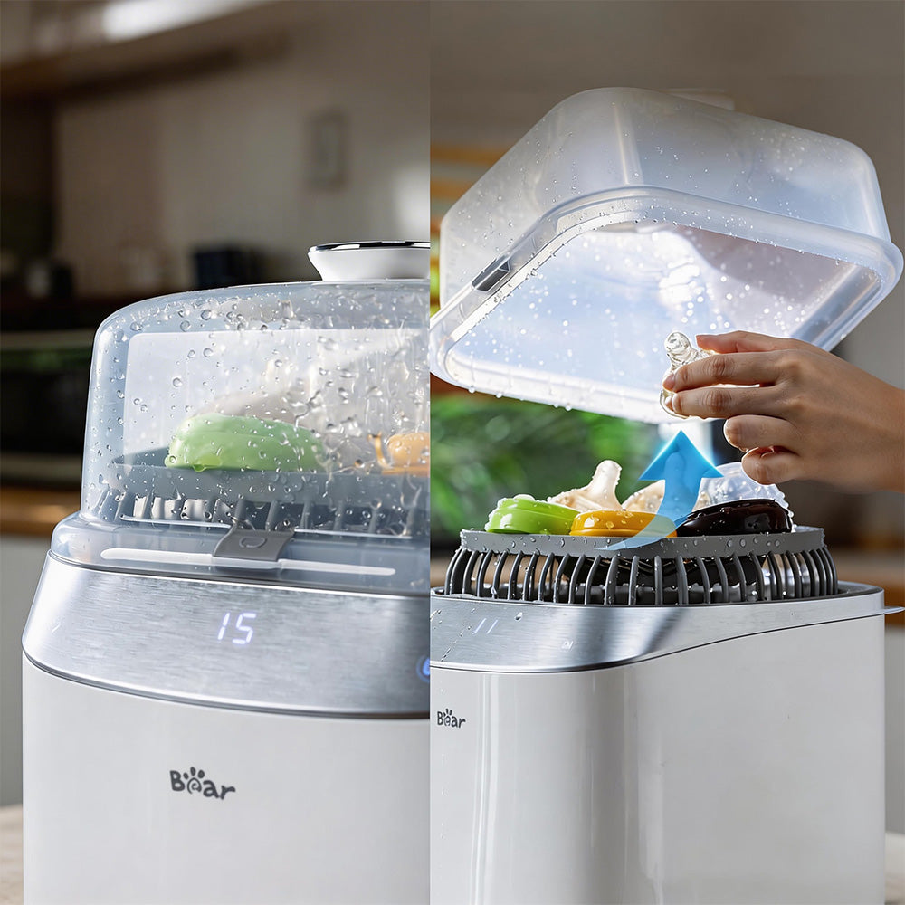 Hand lifting the lid of Bear Bottle Washer Pro to reveal sterilized accessories and a digital timer display.