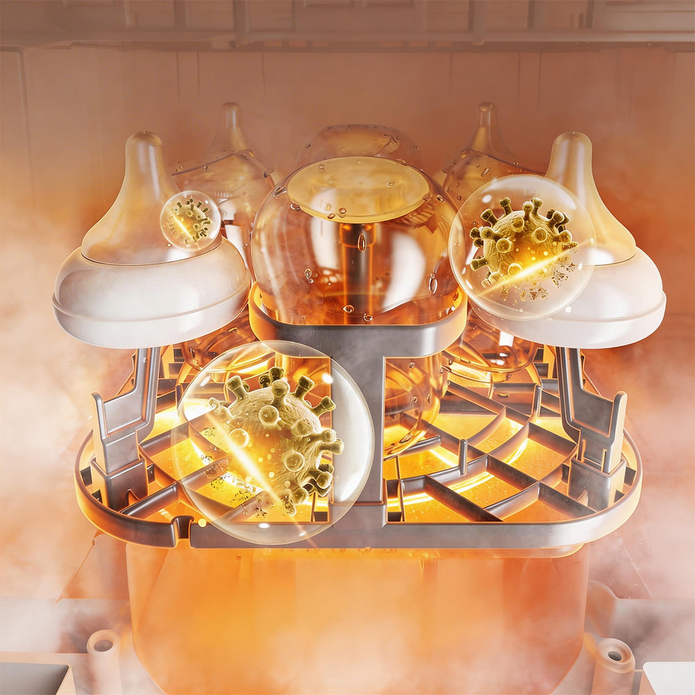 Bear Bottle Washer Pro interior showing heated steam sterilizing baby bottles and destroying virus particles.