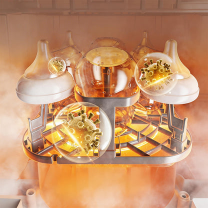 Bear Bottle Washer Pro interior showing heated steam sterilizing baby bottles and destroying virus particles.