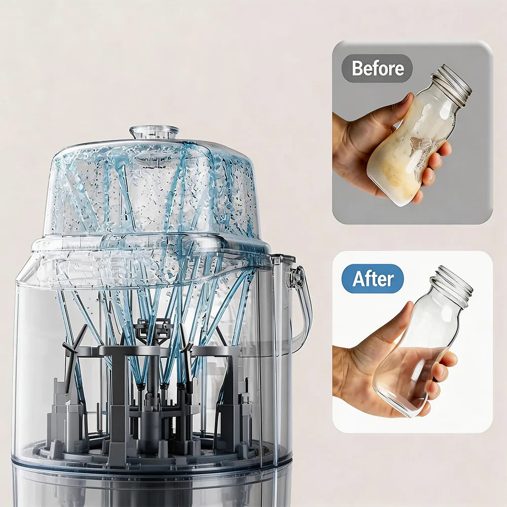 Inside view of Bear Bottle Washer Pro spraying water, featuring before and after insets of a glass baby bottle.