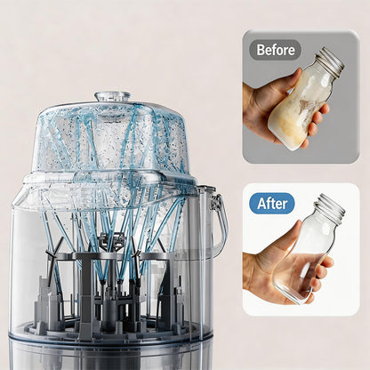 Inside view of Bear Bottle Washer Pro spraying water, featuring before and after insets of a glass baby bottle.