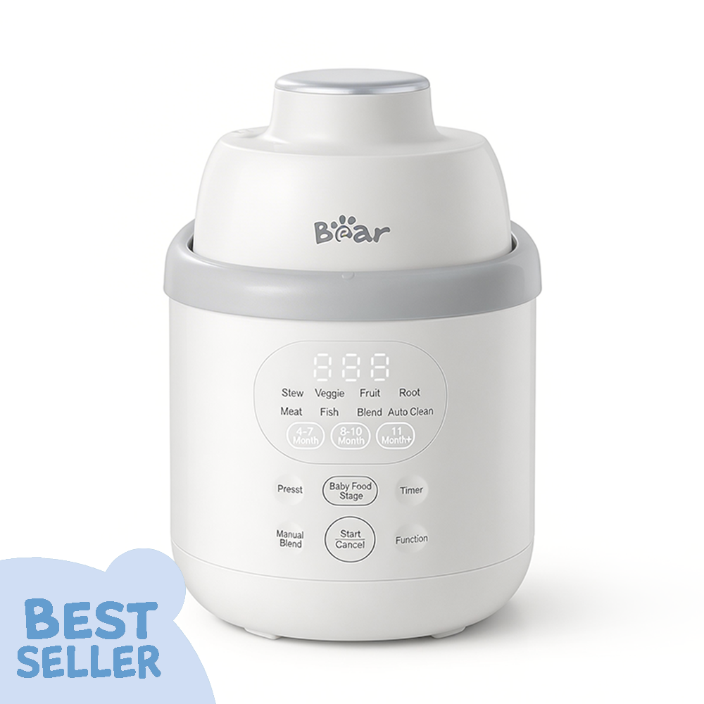 Bear NutriEase Stainless Steel All Stage Baby Food Maker with digital touch screen and multiple feeding stage presets.