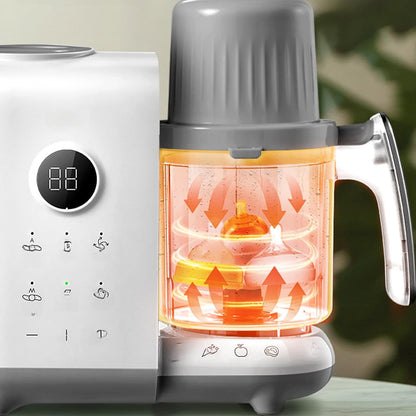 Bear OneStep Baby Food Processor in sterilization mode with orange heat rings and bottles for deep cleaning.