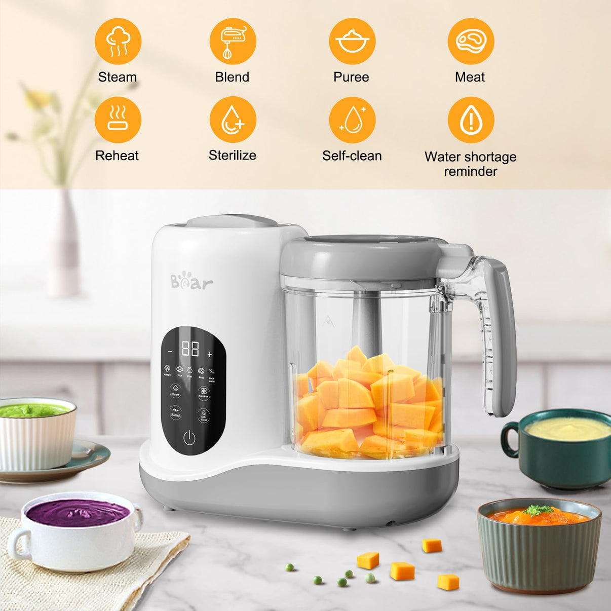 Bear Smart Baby Food Maker featuring 8 functions including steam, blend, sterilize, and self-clean modes.