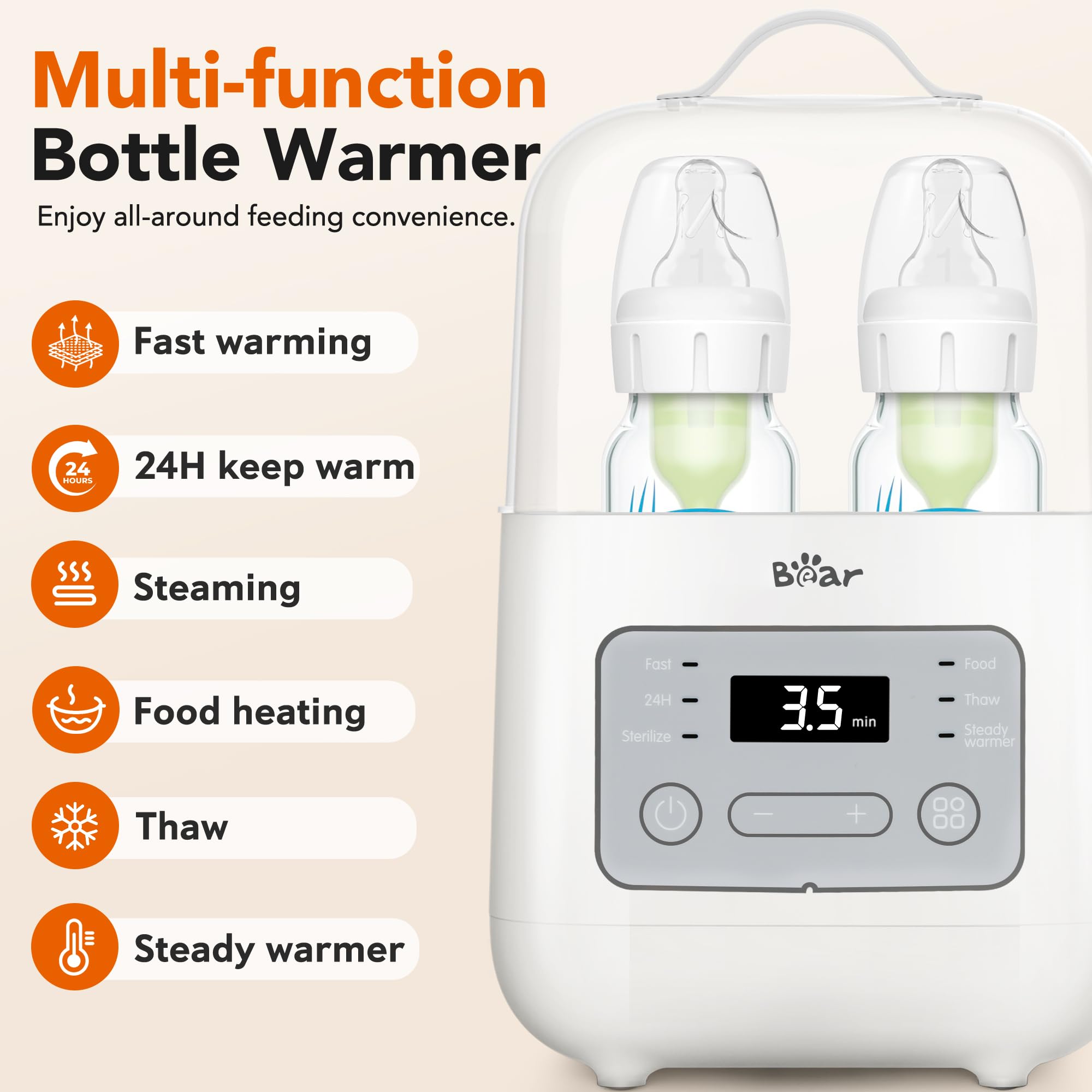 Multi-function Bear Baby Bottle Warmer featuring fast warming, steaming, thawing, and 24-hour keep warm.