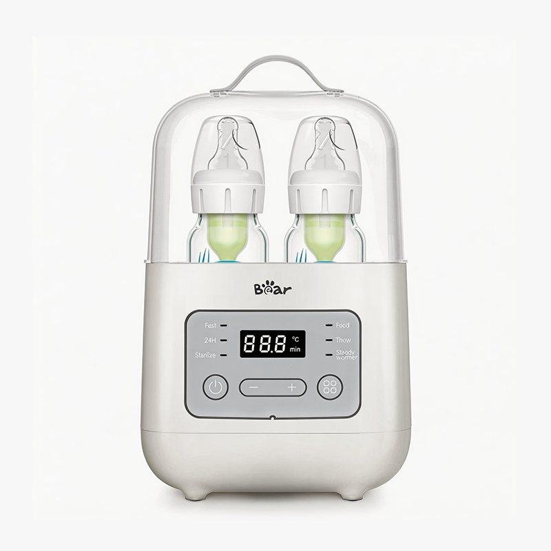 Bear Smart Double Bottle Warmer and Defroster with two baby bottles under a clear protective lid.