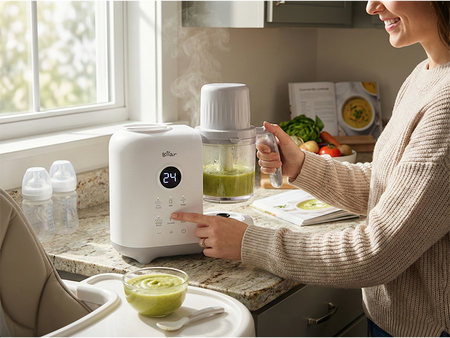 Gemini said
Woman using the digital Bear Smart Baby Food Maker to blend hot green puree on a granite kitchen counter.