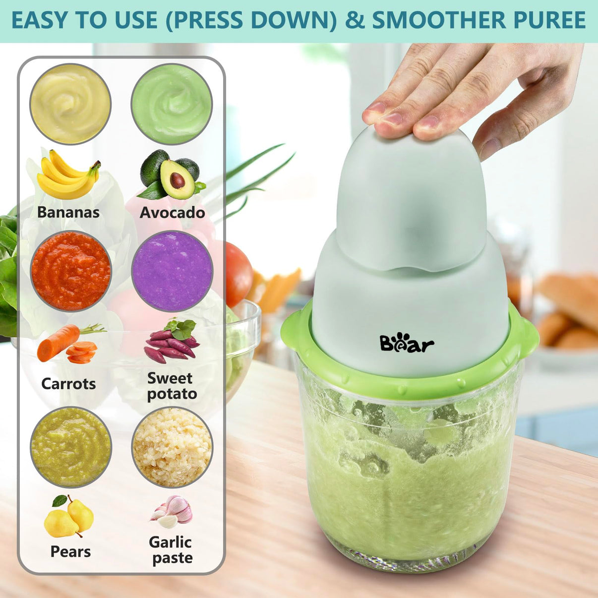 Simple press-down operation of Bear Baby Food Processor for making smooth fruit and vegetable purees.