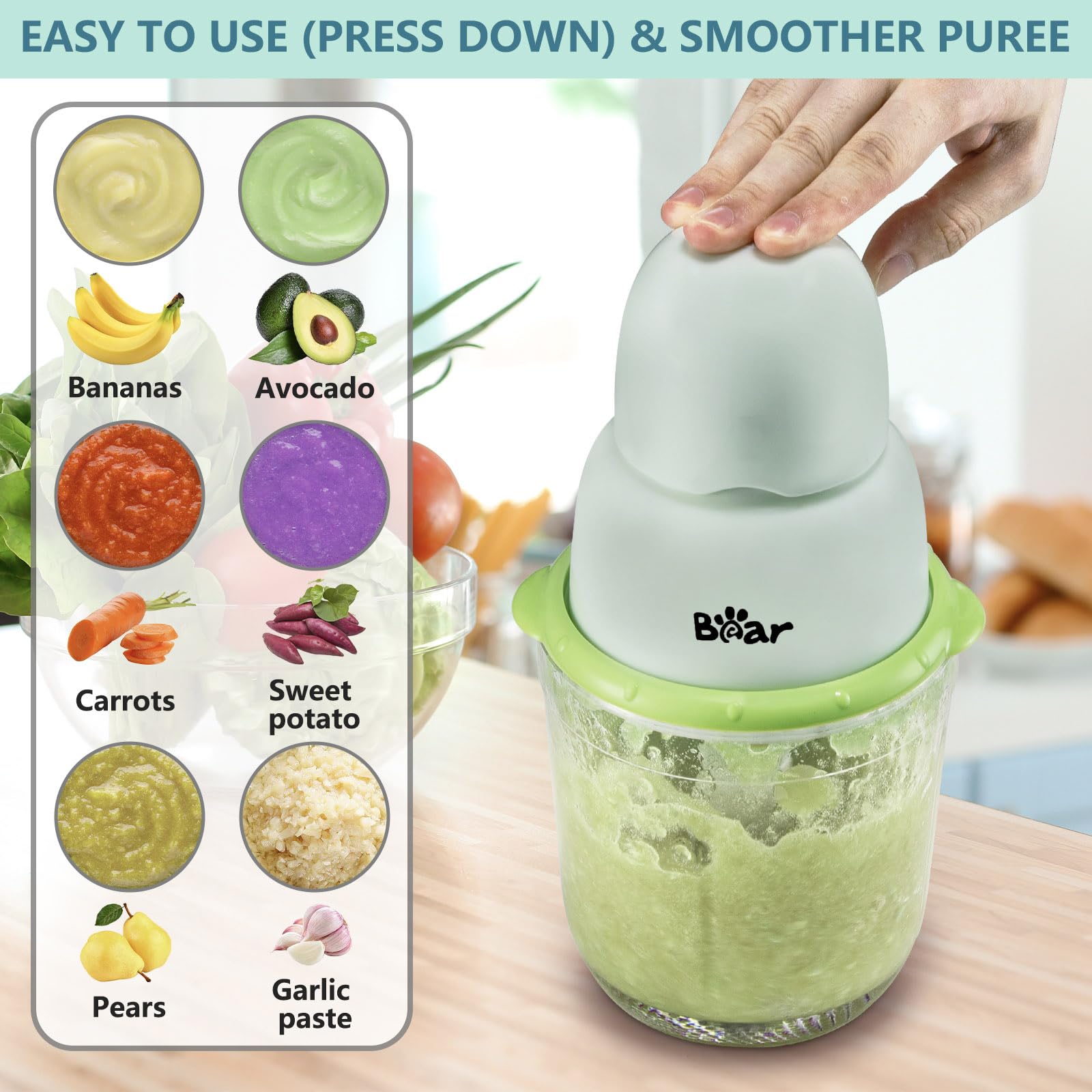 Simple press-down operation of Bear Baby Food Processor for making smooth fruit and vegetable purees.