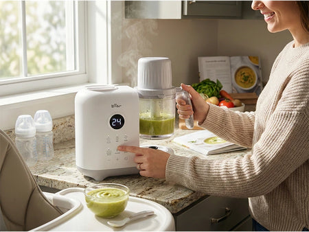 Woman using the digital Bear Smart Baby Food Maker to blend hot green puree on a granite kitchen counter.
