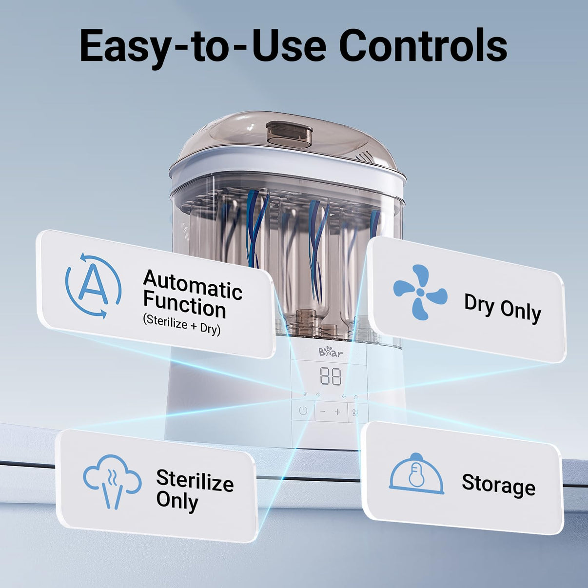 Bear 2-Tier Steam Sterilizer and Dryer highlighting four easy-to-use digital control modes for sanitizing and storage.