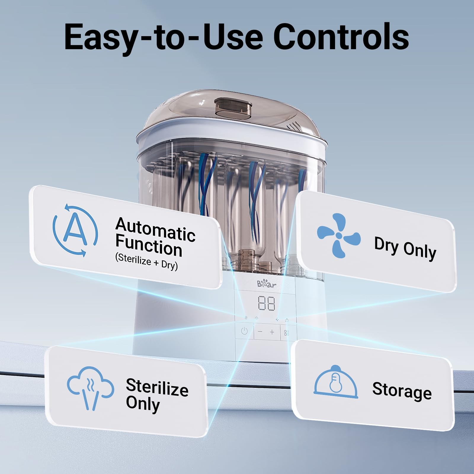 Bear 2-Tier Steam Sterilizer and Dryer highlighting four easy-to-use digital control modes for sanitizing and storage.