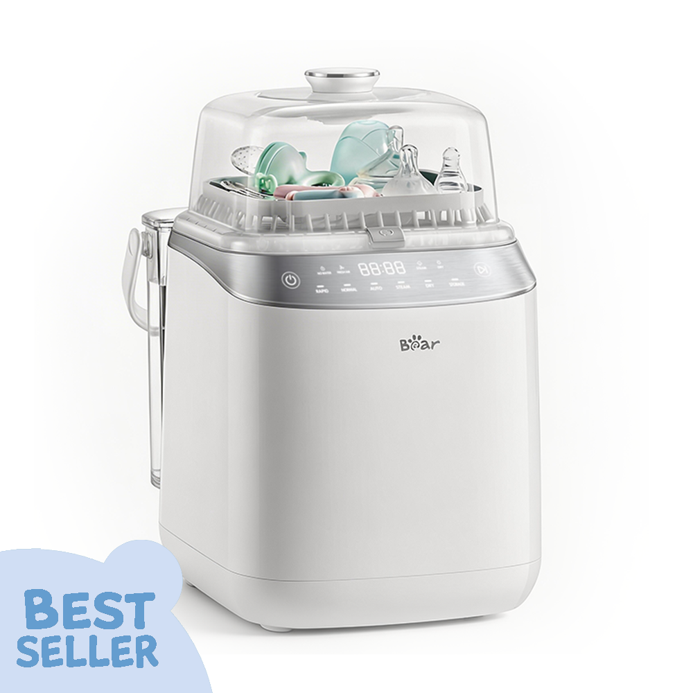 Bear Bottle Washer Pro for washing, sterilizing, and drying baby bottles shown with a clear lid and digital panel.