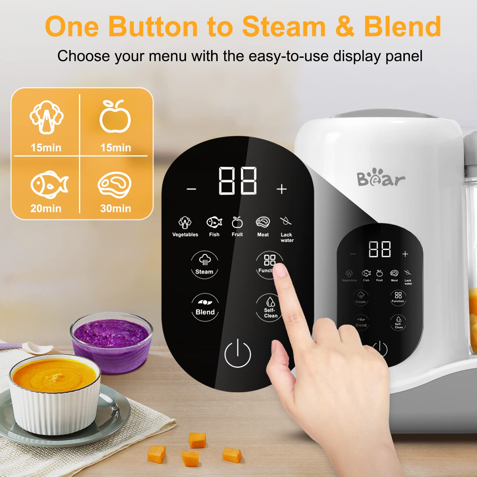 Close-up of the Bear Baby Food Maker's digital touch panel with one-touch programs for meat, fish, and veggies.