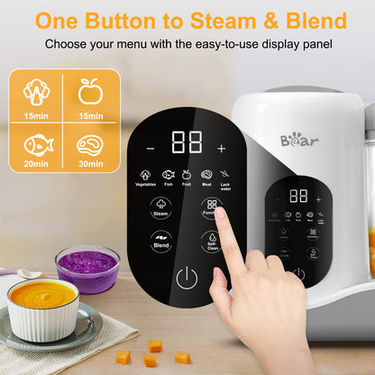 Close-up of the Bear Baby Food Maker's digital touch panel with one-touch programs for meat, fish, and veggies.