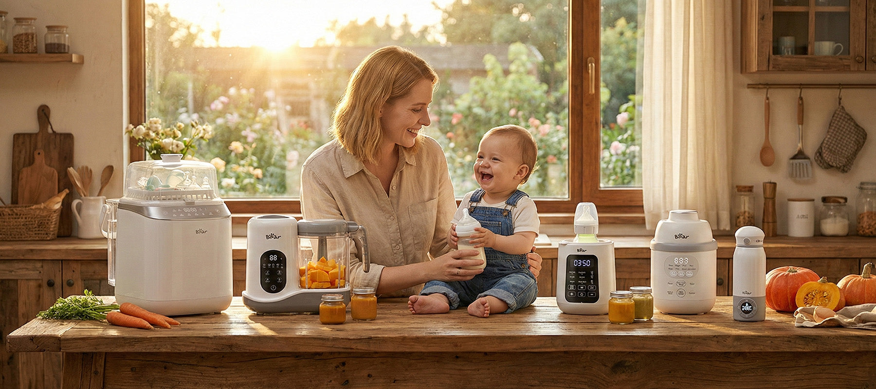 Mother and baby with Bear baby care collection including NutriEase Food Maker, Bottle Washer, and Warmers in a sunny kitchen.