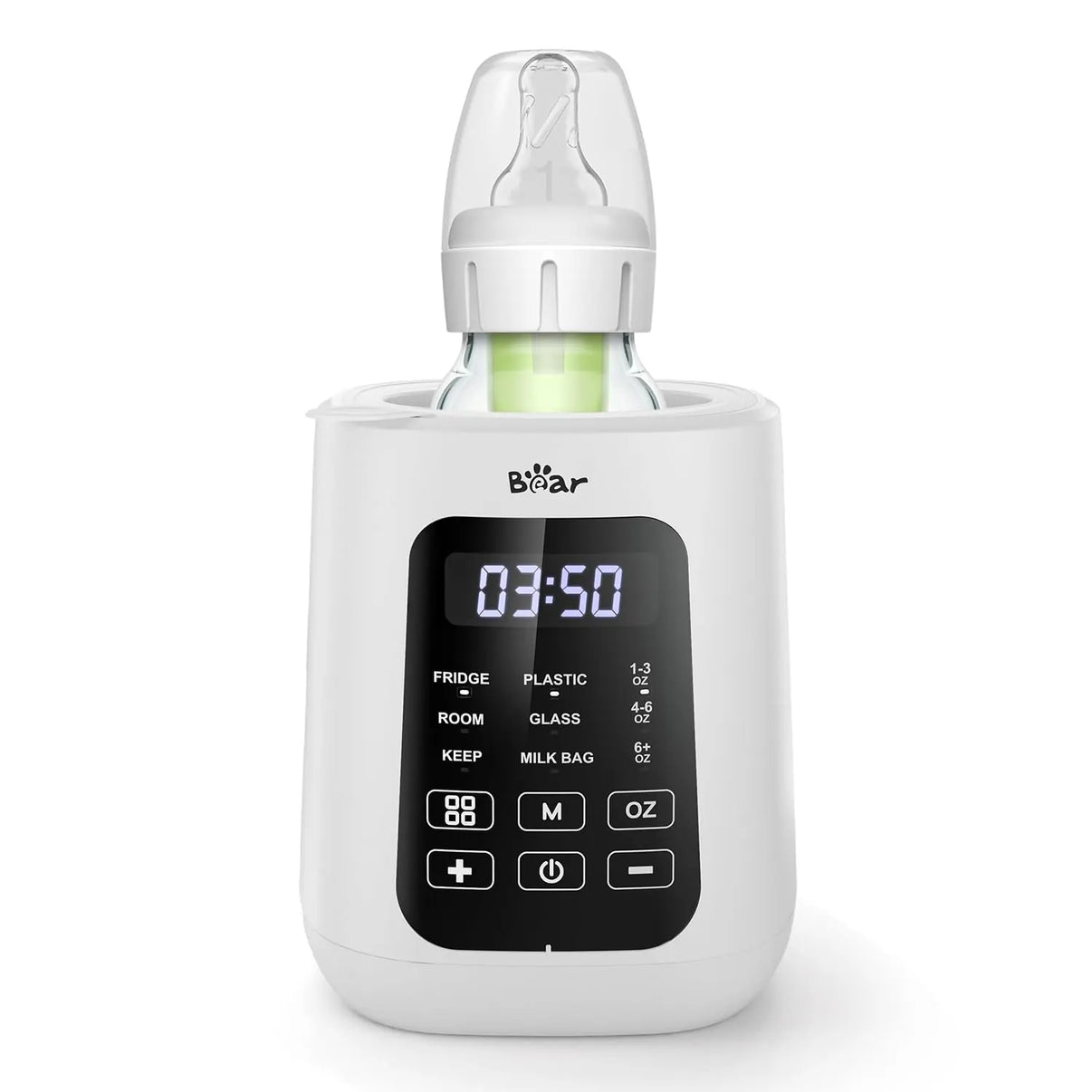 Bear Baby Bottle Warmer with a smart digital touch screen warming a glass bottle for precise temperature control.