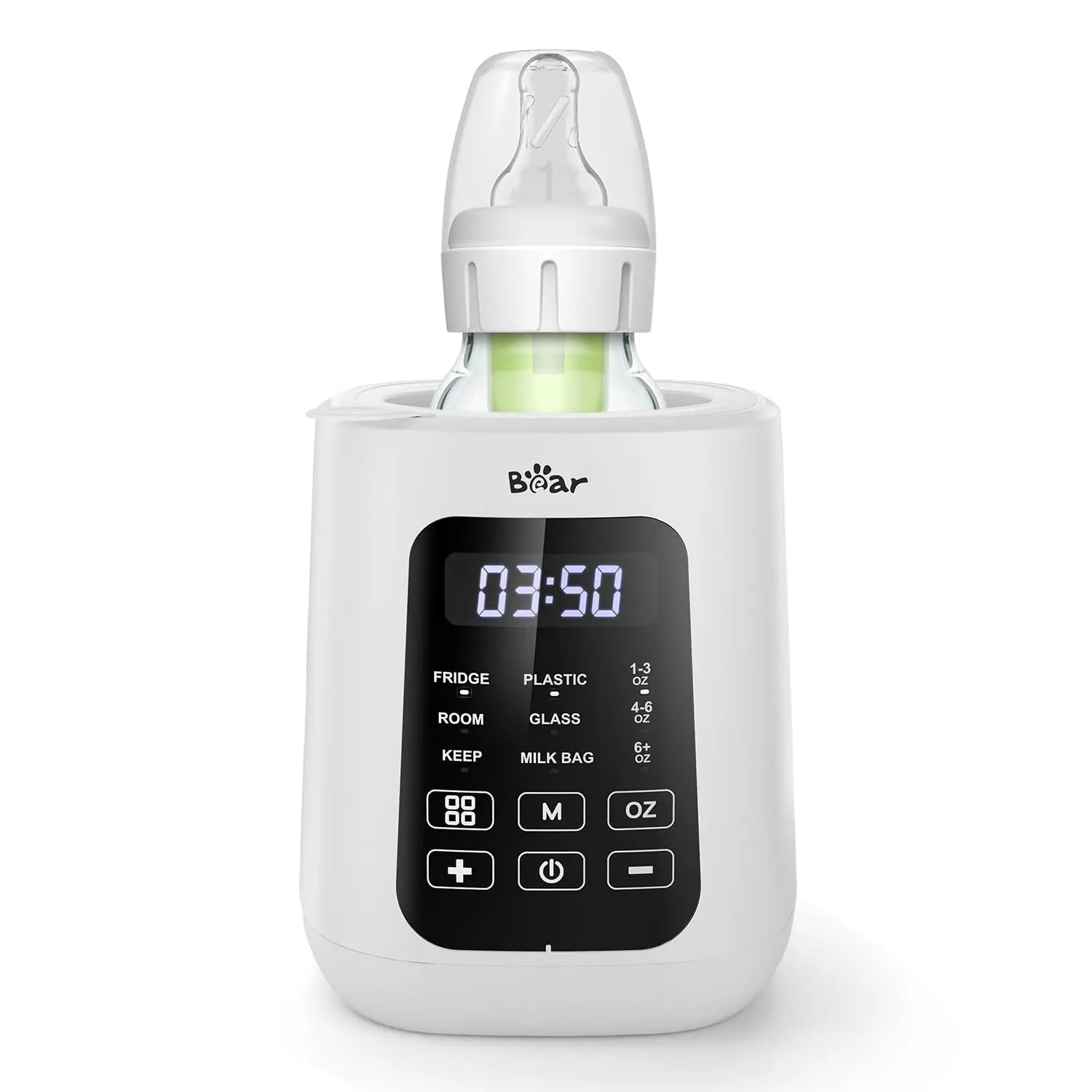 Bear Baby Bottle Warmer with a smart digital touch screen warming a glass bottle for precise temperature control.