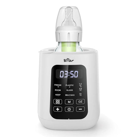 Bear Baby Bottle Warmer with a smart digital touch screen warming a glass bottle for precise temperature control.