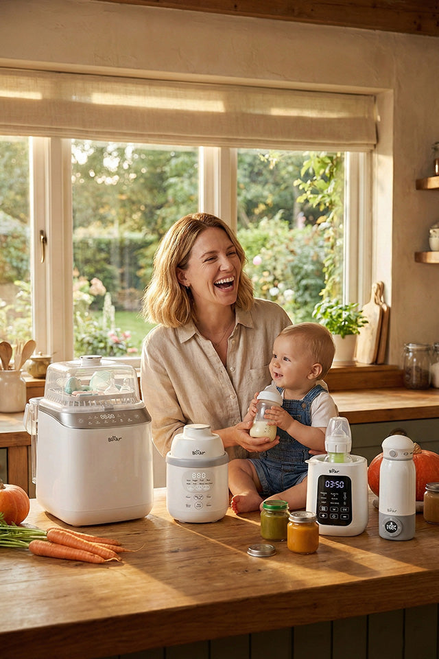 Mother laughing with baby by Bear Bottle Washer Pro, NutriEase Food Maker, and Bottle Warmers on a sunny kitchen counter.