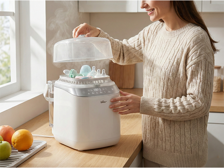 Woman opening the clear lid of a steaming Bear Bottle Washer Pro filled with baby bottles in a sunny kitchen.