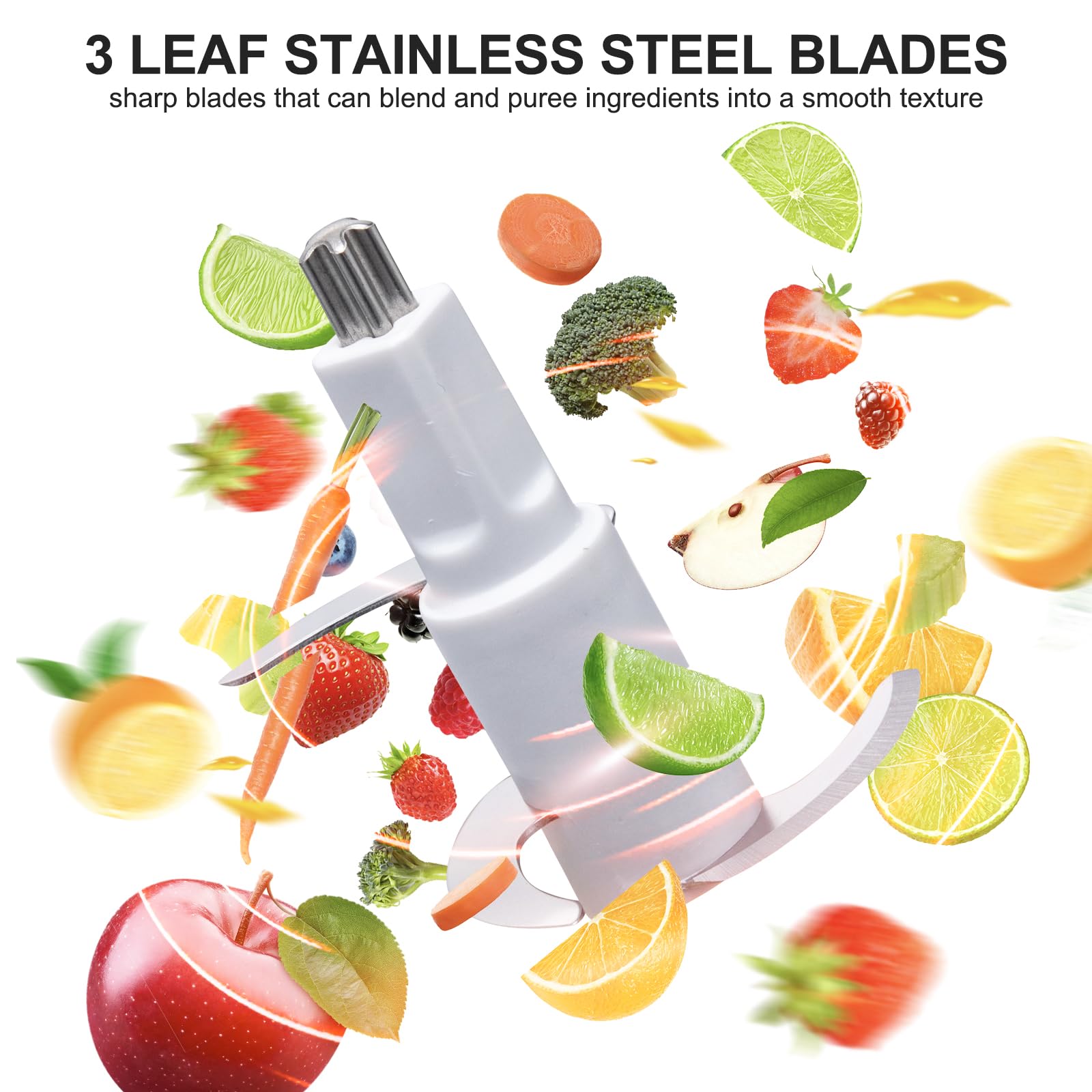 Close-up of Bear Baby Food Processor 3-leaf stainless steel blades blending fresh ingredients.