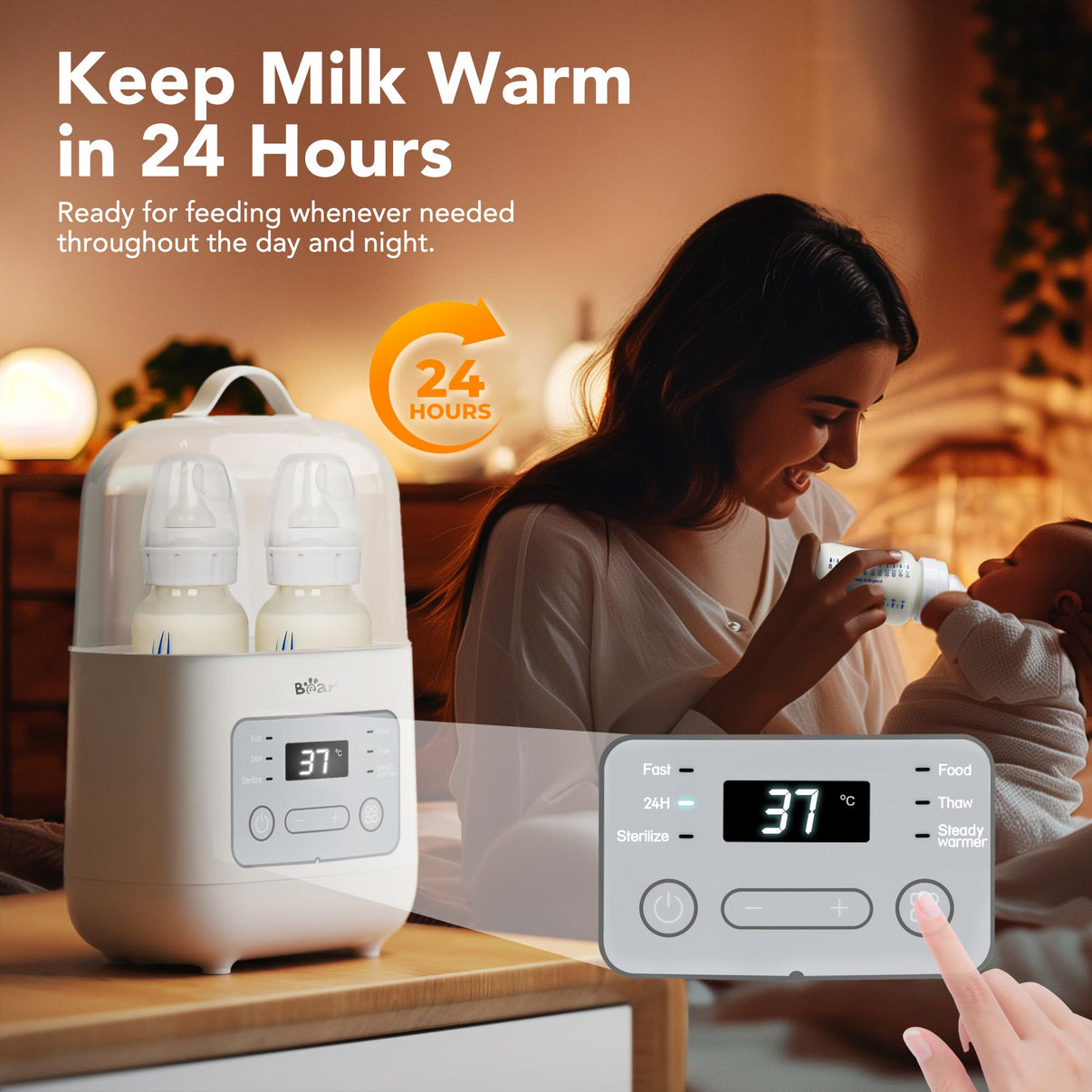 Mother using Bear Double Bottle Warmer at night featuring 24-hour constant temperature keep warm mode.