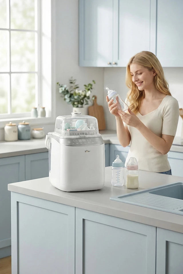 Bear Bottle Washer Pro on a kitchen countertop with a user holding and checking a baby bottle.