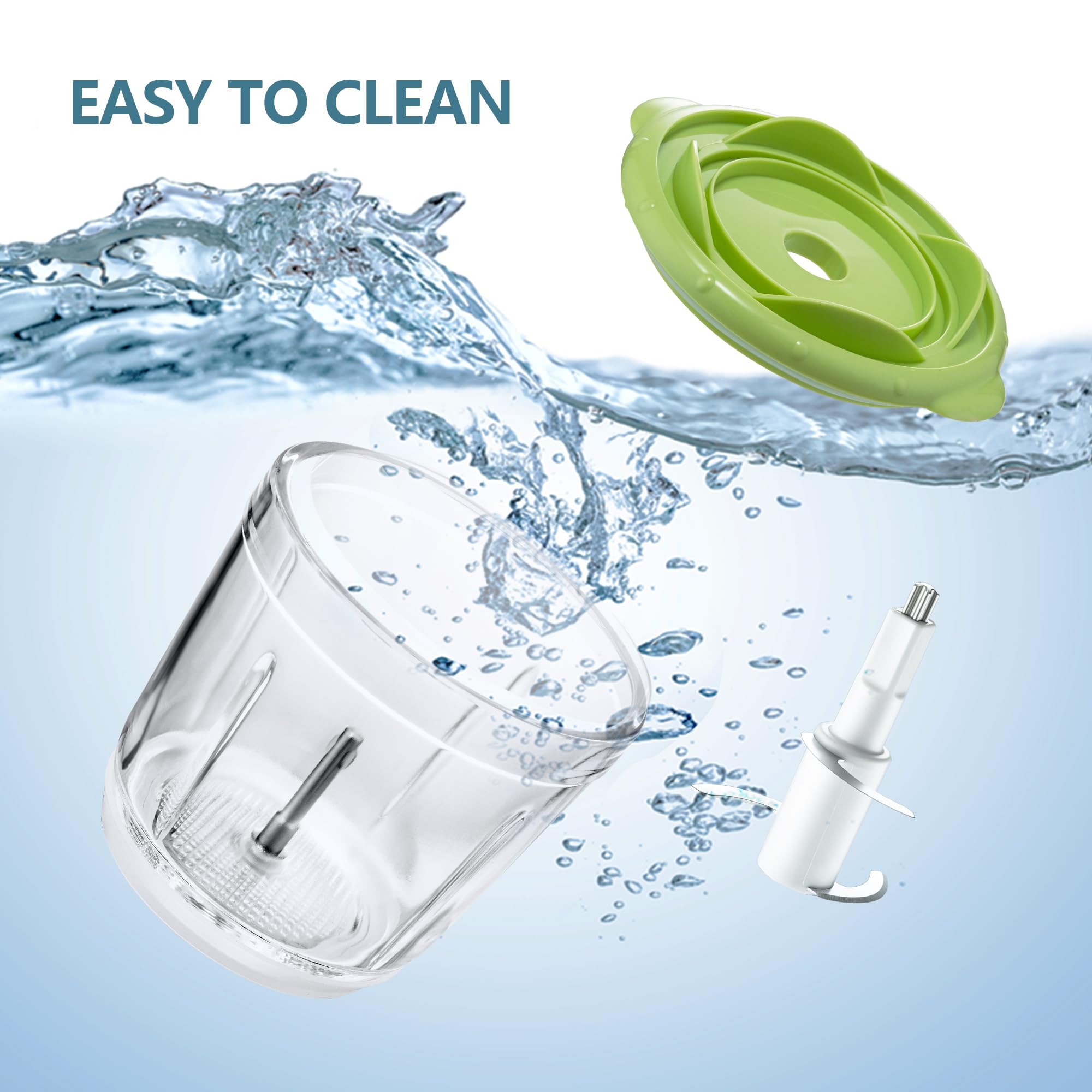 Detachable glass bowl and blades of the Bear Baby Food Processor being rinsed in water for cleaning.