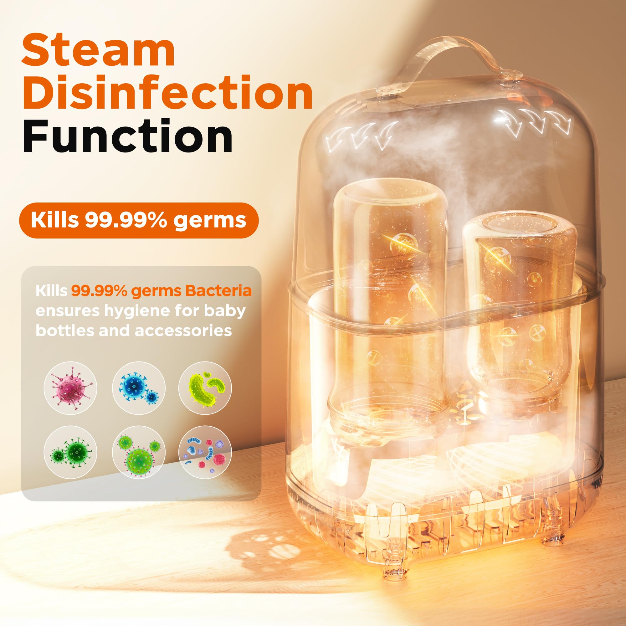 Steam disinfection function of Bear Double Bottle Warmer killing 99.99% of germs for baby bottle safety.